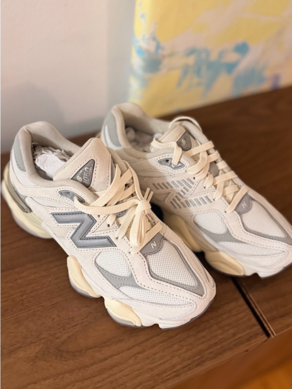 Unisex New Balance Cream and Gray Retro Chunky Sneakers 9060 style